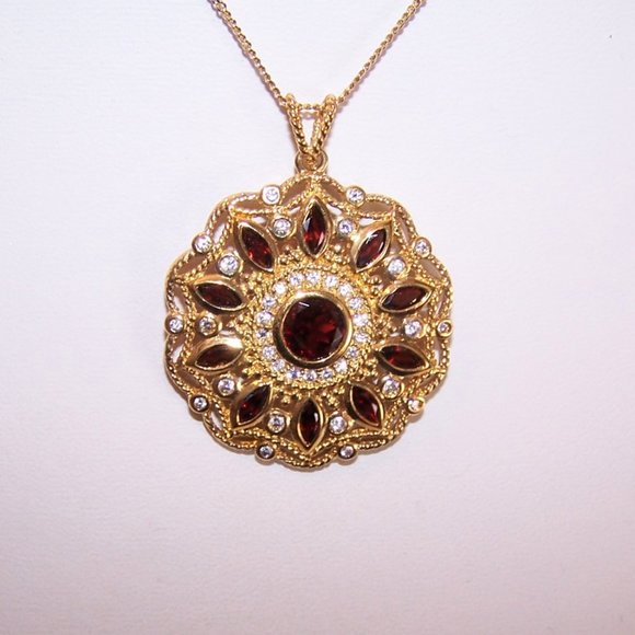 Sterling Silver Vermeil Red / Clear Cubic Zirconia CZ Round Pendant - Picture 2 of 9